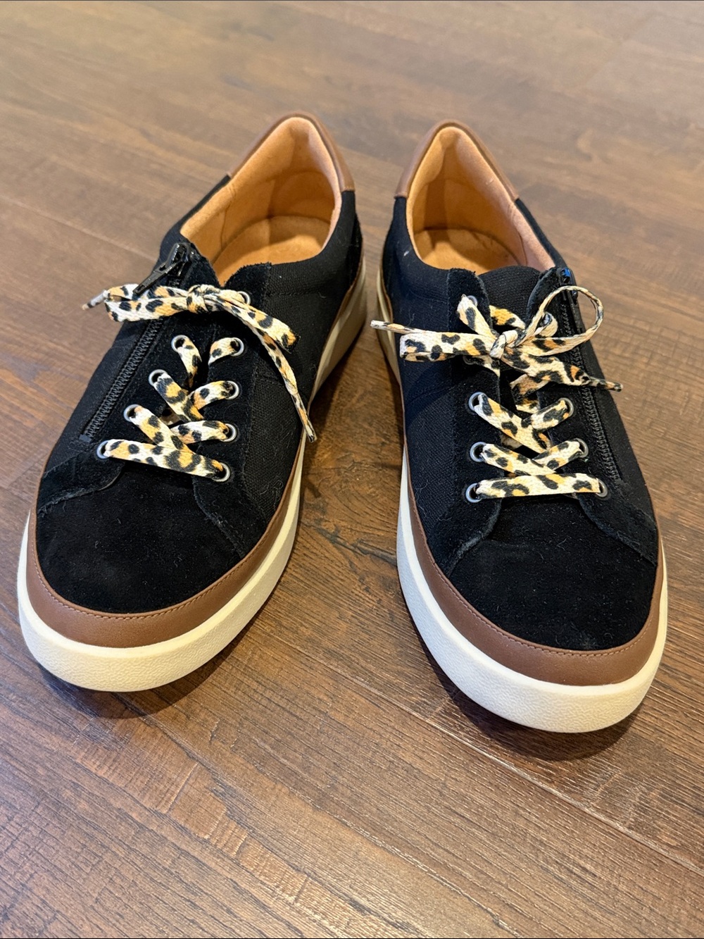 Vionic Black Suede Sneakers with Leopard Laces and Brown Trim